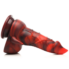 Horny Devil demon dildo lying on its side showing full red-black swirl pattern and base profile