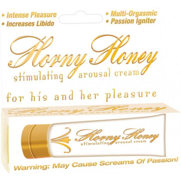 Horny Honey Stimulating Arousal Cream in white and gold retail box packaging, front view
