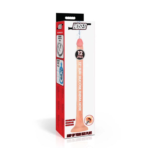 Hosed 12-inch slim silicone enema hose in retail box packaging with product details