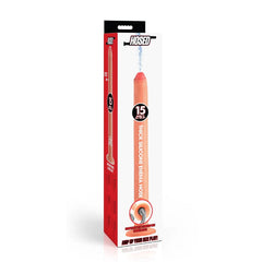 Hosed 15-inch thick silicone enema hose displayed beside its retail packaging box