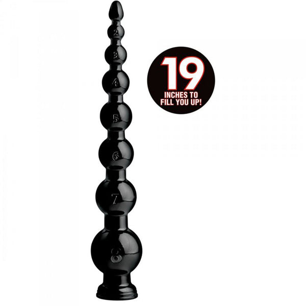 Hosed 19-inch graduated beaded anal hose in black PVC with numbered beads and suction base