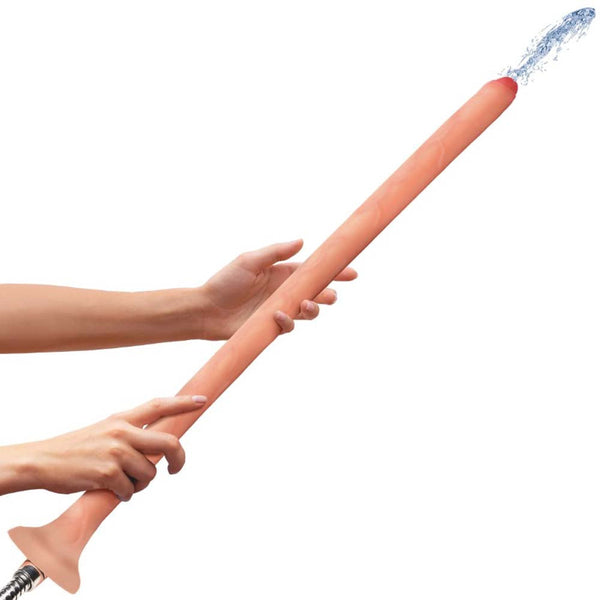 Hosed 19-inch slim silicone enema hose held by two hands, showing water flow from tip