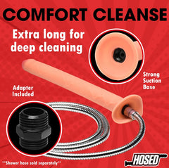 Hosed enema hose comfort cleanse infographic showing suction base, hose connection, and adapter