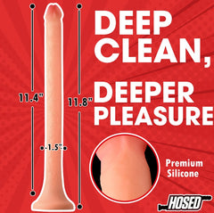 Hosed enema hose dimensions: 11.4in insertable, 11.8in total, 1.5in wide, premium silicone