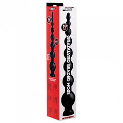 Hosed graduated beaded hose displayed beside its tall red and black retail packaging box