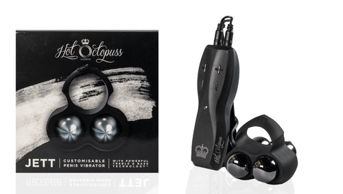 Hot Octopuss JETT penis vibrator beside its black retail box with dual silver bullet motors