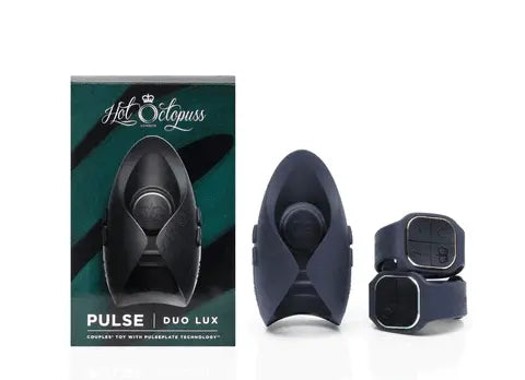 Hot Octopuss Pulse Duo Lux couples vibrator with box and two wristband remotes in navy silicone