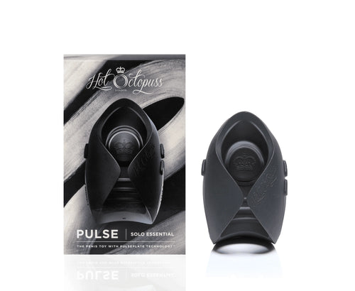 Hot Octopuss Pulse Solo Essential male masturbator in matte black beside its monochrome box