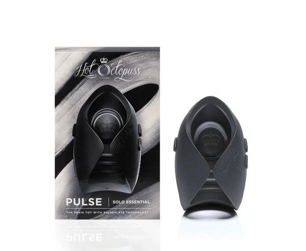 Hot Octopuss Pulse Solo Essential male masturbator in matte black beside its monochrome box