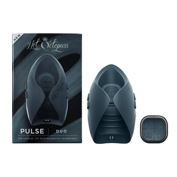 Hot Octopuss Pulse Duo couples vibrator with remote and retail box, slate blue silicone