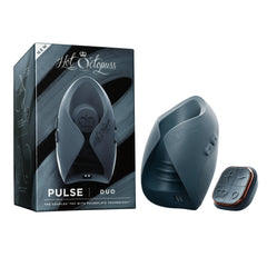Hot Octopuss Pulse Duo with packaging box and remote, full product set in slate blue
