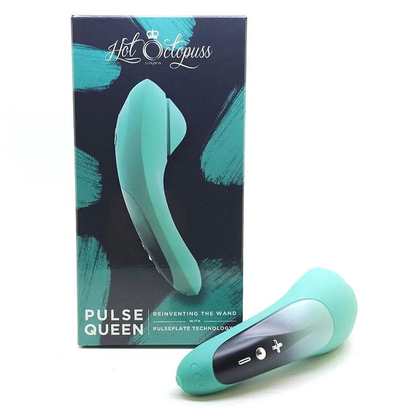 Hot Octopuss Pulse Queen teal silicone clitoral wand vibrator beside its dark box packaging