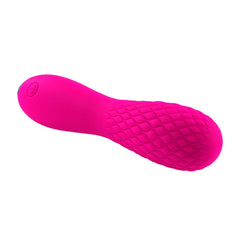 Hot pink Razzle Dazzle vibrator shown at an angle highlighting the quilted textured tip