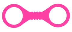 Hot pink silicone wrist cuffs laid flat, figure-eight shape, bright magenta colour