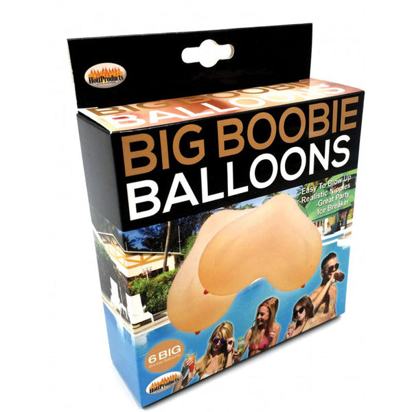Hott Products Big Boobie Balloons retail box showing 6-pack contents and party lifestyle imagery