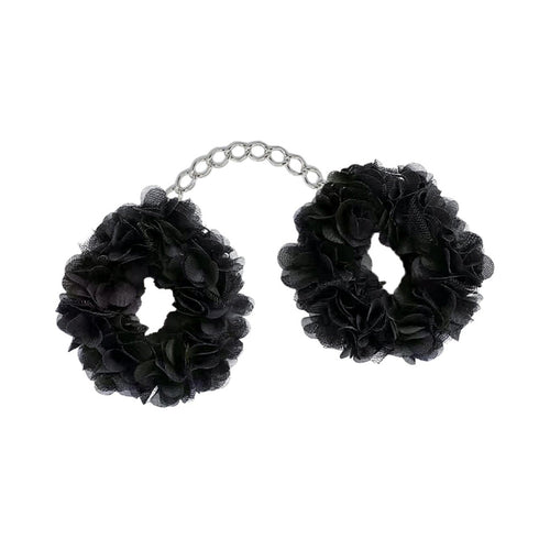 Hott Products Blossom Luv-Cuffs in black, two floral fabric cuffs linked by a silver chain