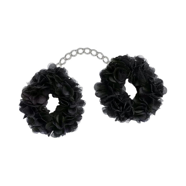 Hott Products Blossom Luv-Cuffs in black, two floral fabric cuffs linked by a silver chain