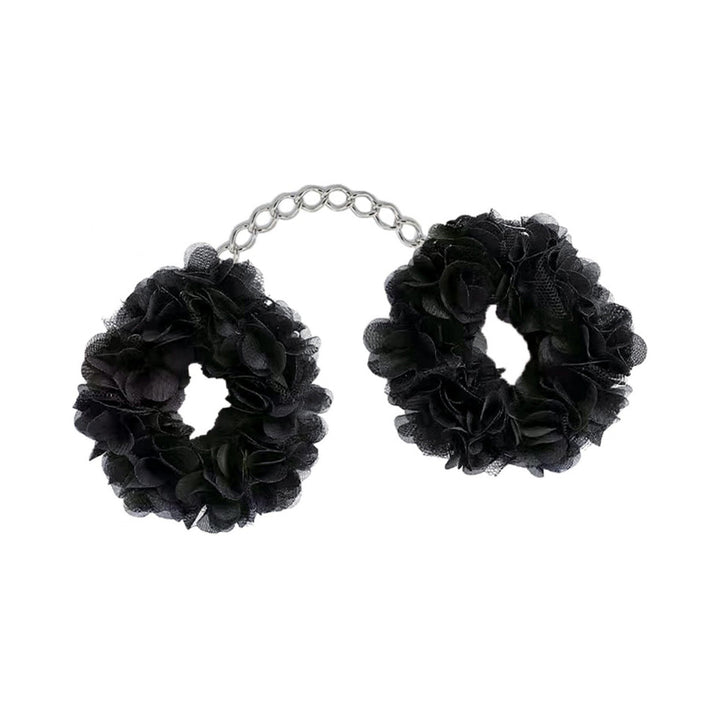 Hott Products Blossom Luv-Cuffs in black, two floral fabric cuffs linked by a silver chain
