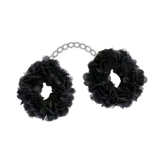 Hott Products Blossom Luv-Cuffs in black, two floral fabric cuffs linked by a silver chain