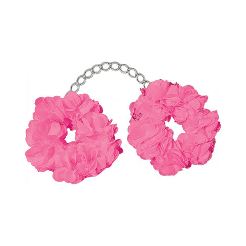 Hott Products Blossom Luv-Cuffs in bright pink floral fabric linked by a silver chain
