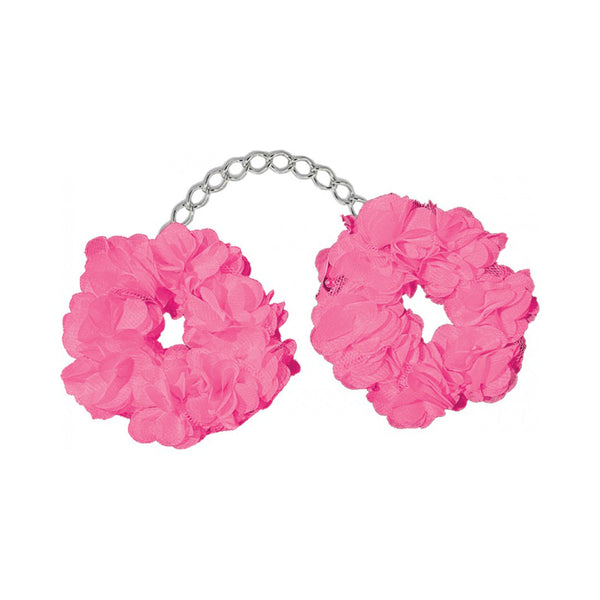 Hott Products Blossom Luv-Cuffs in bright pink floral fabric linked by a silver chain
