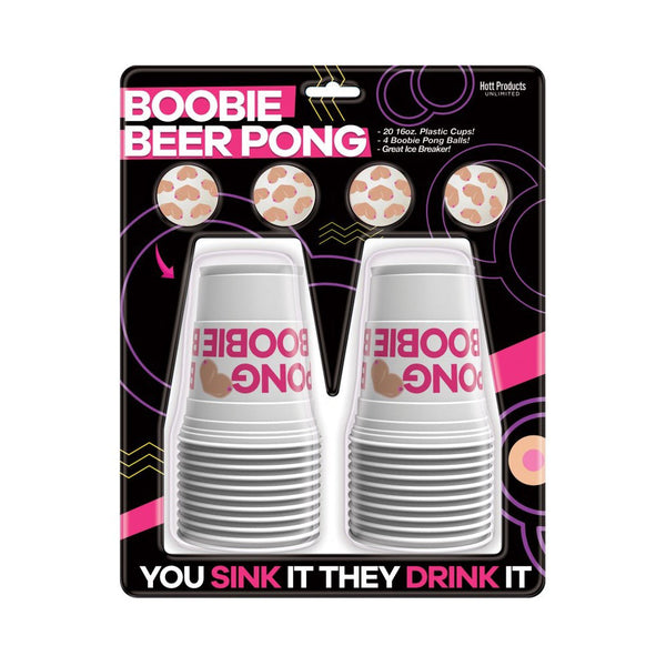 Hott Products Boobie Beer Pong back view displaying white 16oz plastic cups with bold pink printed text