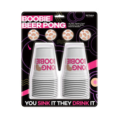 Hott Products Boobie Beer Pong back view displaying white 16oz plastic cups with bold pink printed text