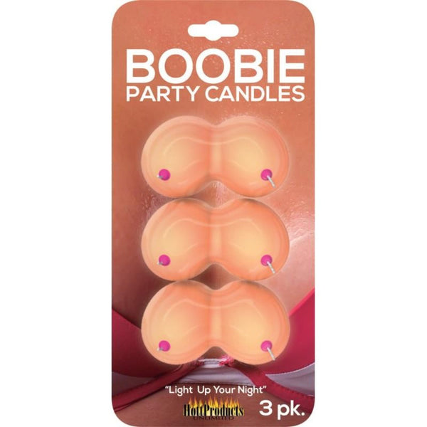 Hott Products Boobie Party Candles 3-pack in retail blister packaging, peach wax with pink wicks