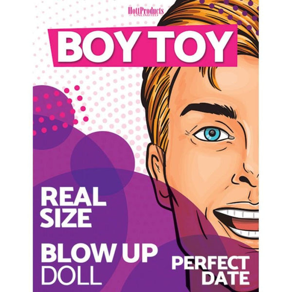 Hott Products Boy Toy inflatable male blow-up doll packaging, front view, real-size design