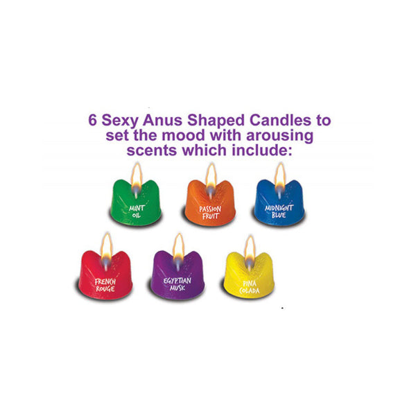 Hott Products Burning Love anus-shaped candles set of 6 in assorted scents and colors
