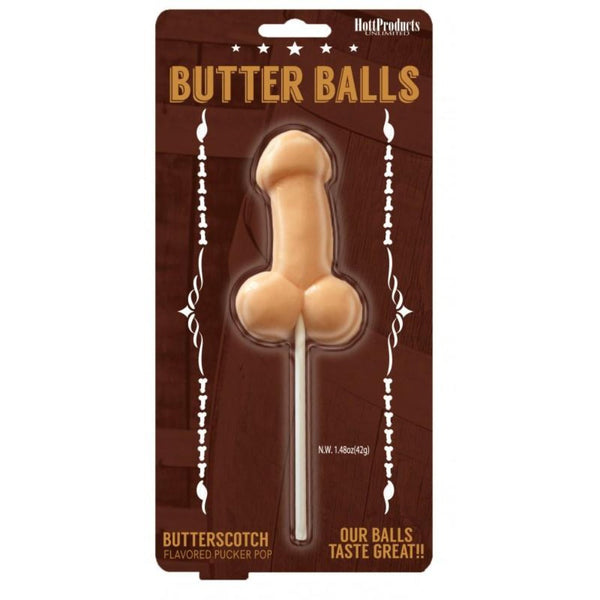 Hott Products ButterBalls Butterscotch Pecker Pop lollipop in retail blister packaging