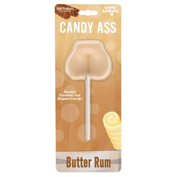 Hott Products Candy Ass lollipop in butter rum flavour shown in retail blister packaging