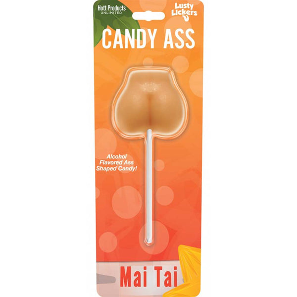 Hott Products Candy Ass Mai Tai lollipop in orange retail blister packaging with product name