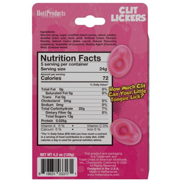 Hott Products Clit Lickers back panel showing nutrition facts and raspberry gummy ingredients