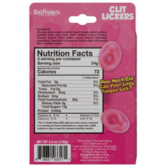 Hott Products Clit Lickers back panel showing nutrition facts and raspberry gummy ingredients