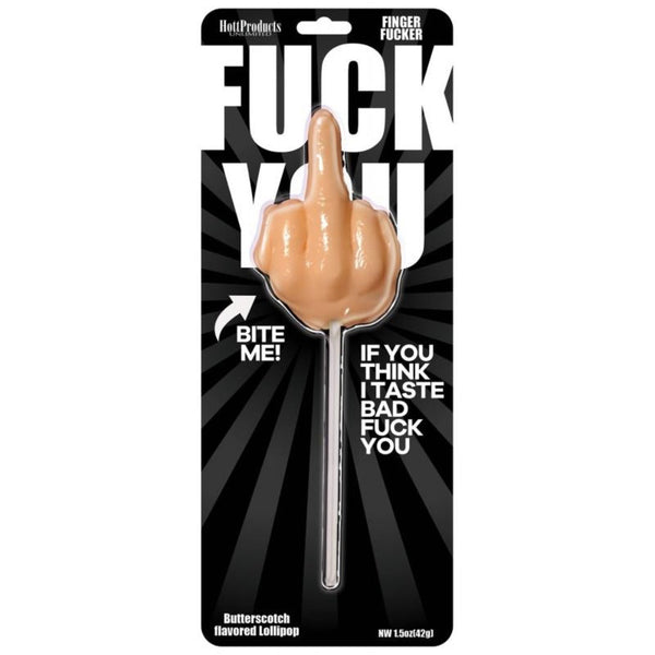 Hott Products F-You Finger Lollipop in butterscotch flavour, shown in bold novelty retail packaging