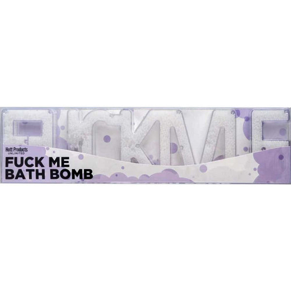 Hott Products Fuck Me Bath Bomb in clear packaging with jasmine-scented white letter-shaped salts
