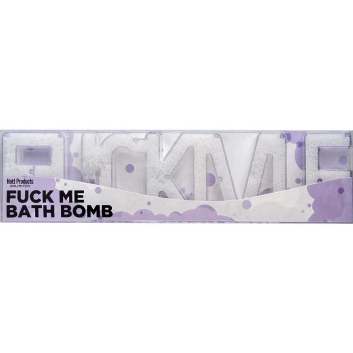 Hott Products Fuck Me Bath Bomb in clear packaging with jasmine-scented white letter-shaped salts