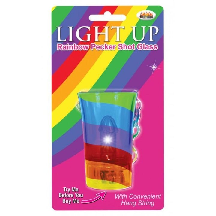 Hott Products Light-Up Rainbow Pecker Shot Glass in retail packaging with rainbow stripe design