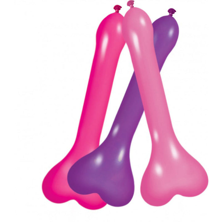 Hott Products Pecker Balloons in pink and purple latex, bone-shaped, standing upright on white background