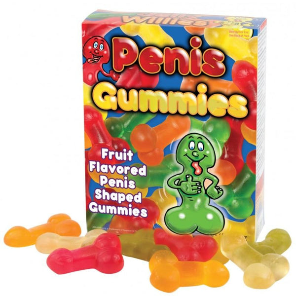 Hott Products Penis Gummies box displaying colorful fruit-flavored novelty candies in assorted shapes
