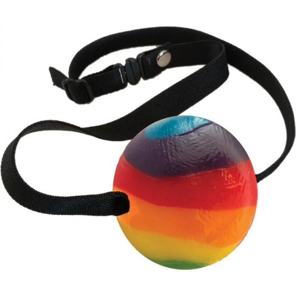 Hott Products Rainbow Candy Ball Gag with adjustable black nylon strap and buckle