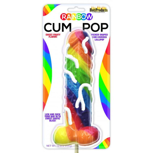 Hott Products Rainbow Cum Pop novelty lollipop in rainbow swirl colors on blister card