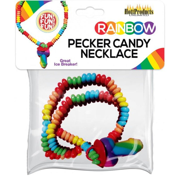 Hott Products Rainbow Pecker Candy Necklace in sealed packaging with colorful candy bead strand