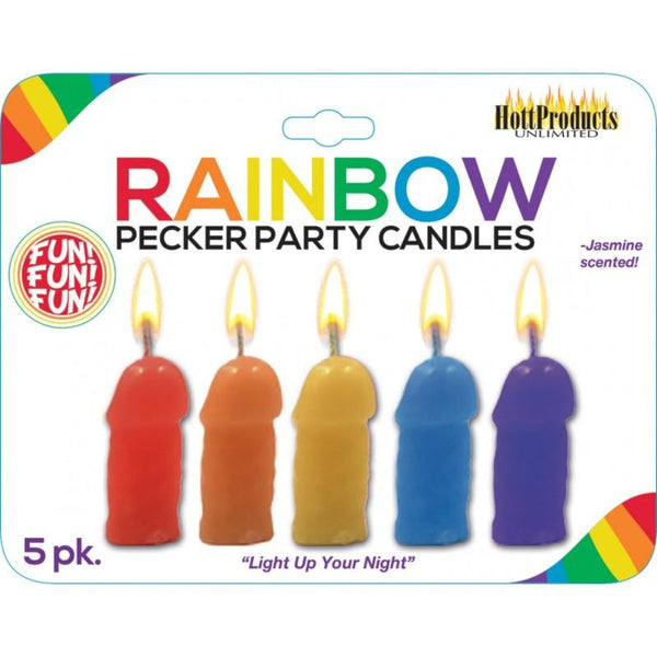 Hott Products Rainbow Pecker Party Candles 5-pack in multicolour jasmine-scented wax, lit