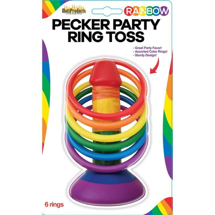 Hott Products Rainbow Pecker Party Ring Toss game in retail packaging with 6 colorful rings