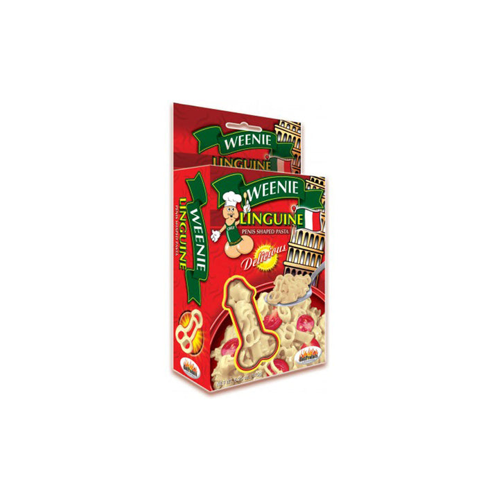 Hott Products Weenie Linguine red box featuring novelty penis-shaped pasta with Italian-themed artwork