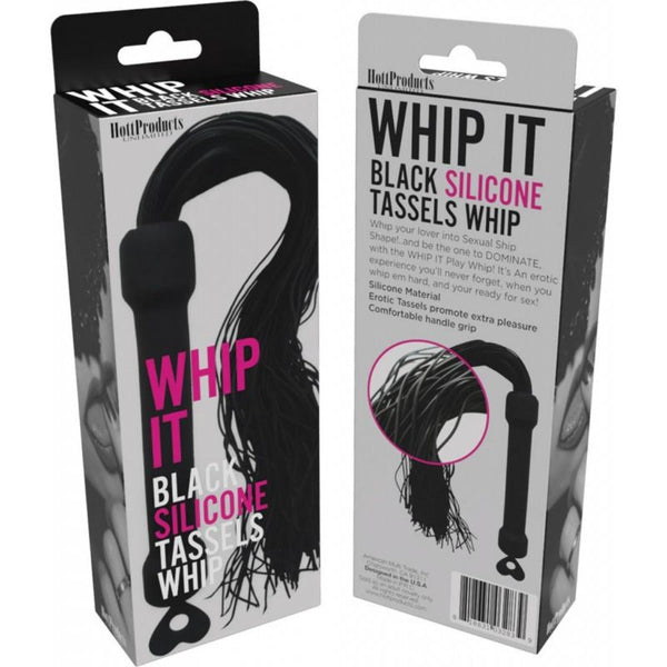 Hott Products Whip It Black Silicone Tassel Whip shown with front and back packaging