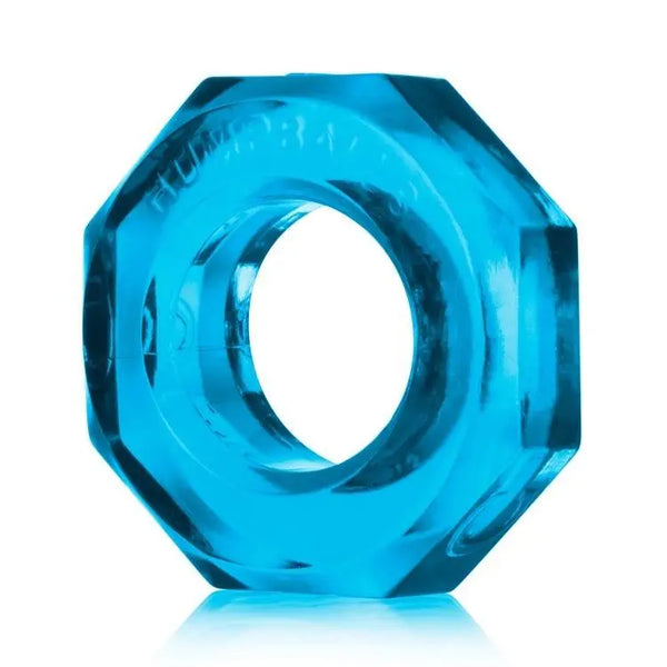 Oxballs Humpballs cock ring in translucent ice blue with an octagonal faceted silhouette