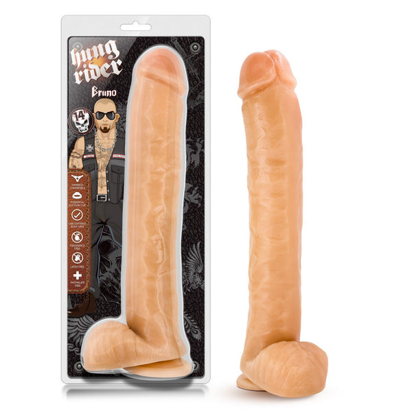 Hung Rider Bruno realistic dildo by Blush in beige with suction cup base, shown packaged and unpackaged